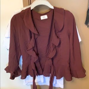Wrap front maroon ruffle top